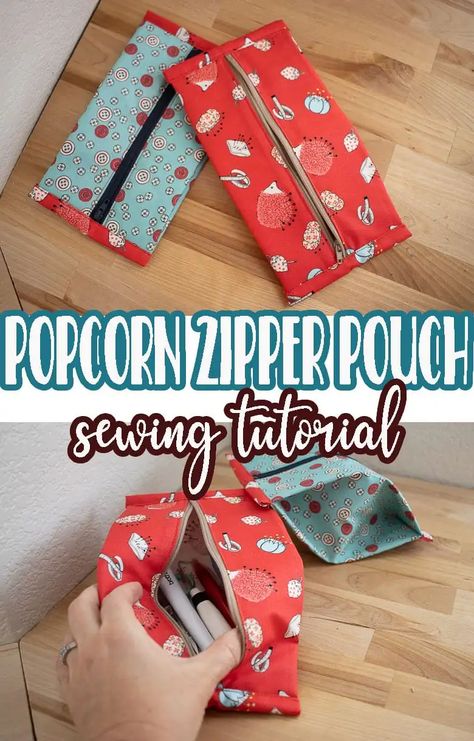 Popcorn Pouch Pattern Free, Zip Pouch Sewing Pattern, Pouch Patterns To Sew, Popcorn Pouch, Easy Zipper Pouch, Sewn Gifts, Diy Pouch No Zipper, Popcorn Bag, Zippered Pouches