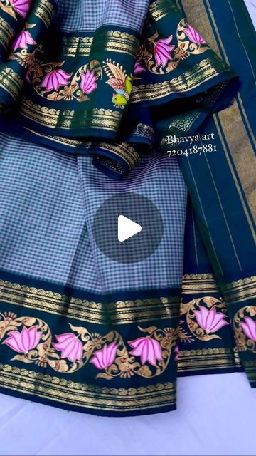 Tanjore Painting Saree Design, Saree Border Painting Designs, Tanjore Painting Border Designs, Painted Sarees Design, Tanjore Painting On Sarees, Painting Sarees Design, Tanjore Painting On Fabric, Tanjore Painting On Blouses, Painted Parrots