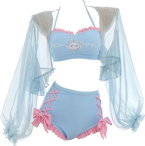 Amazon.com: haikyuu Women Anime Bunny Bikini Set with Cover up Kawaii Two Piece Swimsuit Lace-up Bathing Suit (as1, Alpha, s, Regular, Regular, Standard, Blue) : Clothing, Shoes & Jewelry Simple Swimwear, Pool Outfits, Women Anime, Chiffon Cover Up, Pool Party Outfits, Swimwear Pattern, Blue Clothing, Poolside Fashion, Swimsuits Outfits