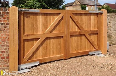 35 Amazing Wooden Gate Ideas - Engineering Discoveries Wooden Gate Ideas, Wood Fence Gate Designs, Double Wooden Gates, Driveway Gate Diy, Building A Wooden Gate, Wooden Gate Designs, Wood Gates Driveway, Wooden Fence Gate, Wood Fence Gates