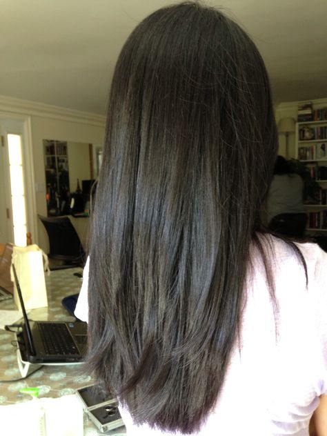 Long layers on straight hair Long Dark Hair Layers Straight, Black Straight Hair Layers, Long Layered Haircuts Straight Black Hair, Long Layers On Straight Hair, Hair Cuts Strait Hair, Layers On Straight Hair, Long Thick Brown Hair Straight, Hair Without Volume, Hair Long Layers