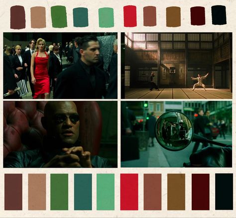 Matrix Color Palette, Scifi Cinematography, Desaturated Color Palette, Cyberpunk Color Palette, Composition Guide, The Matrix 1999, Neon Color Palette, Matrix 1999, Gala Decor