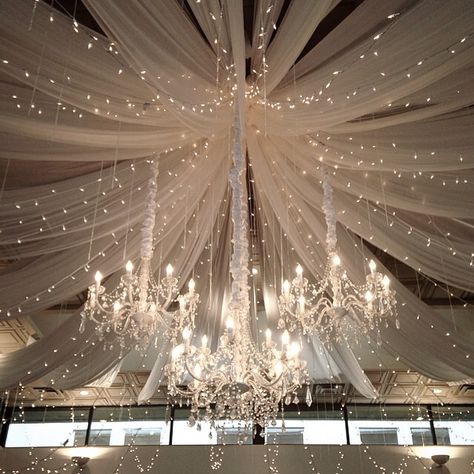 My reception space's ceiling drapery! I love it :) | Weddingbee Photo Gallery Ceiling Reception Design, Ceiling Design Wedding Receptions, Event Ceiling Design, Ceiling Drapery Ideas, Wedding Drapery Ideas Ceilings, Ceiling Design Wedding, Wedding Ceiling Lights, Wedding Drapery Ideas, Wedding Ceiling Draping