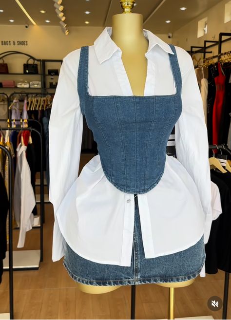 Button Up Shirt With Corset Outfit, Blue White Striped Blouse Outfit, Victoria Secret Inspired Outfit, Half Corset Outfit, White And Denim Outfits Black Woman, Button Down With Corset, Corset Over Button Up, Pink Lace Top Outfit, Jean Dress Outfit Black Women