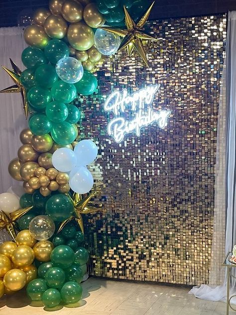 Green And Gold Backdrop Ideas, Green Balloon Backdrop, Backdrop With Curtains, Happy Birthday Neon Light, 36 Inch Balloons, Grad Decor, Happy Birthday Neon, Backdrop Panels, Event Decor Ideas