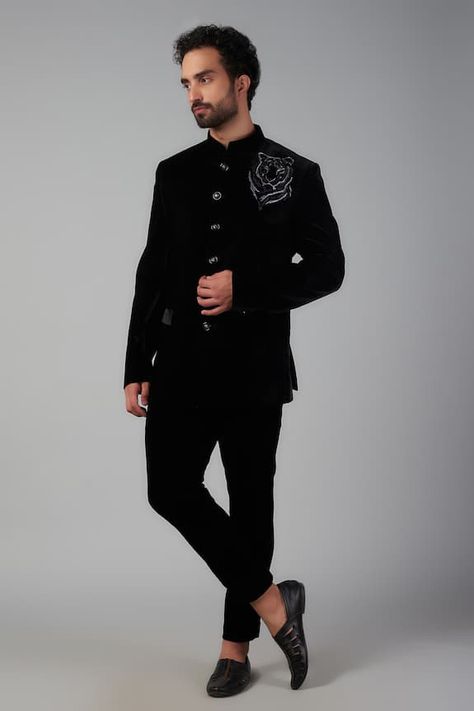 Black velvet Jodpuri bandhgala with placement tiger motif and monochrome thread embroidery. Paired with straight fit pant. - Aza Fashions Bandhgala Suit Men, Tiger Logo, Straight Fit Pants, Thread Embroidery, Thread Work, Aza Fashion, Black Velvet, Mens Suits, Thread