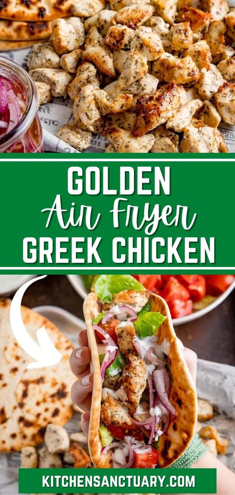 Quick Greek Chicken, Greek Chicken Pitas Recipes, Greek Lemon Garlic Chicken Salad, Mediterranean Chicken Pitas, Chicken Gyro Air Fryer, Greek Chicken Euros, Chicken Euros, Greek Chicken Lunch Meal Prep, Greek Chicken Roll Ups