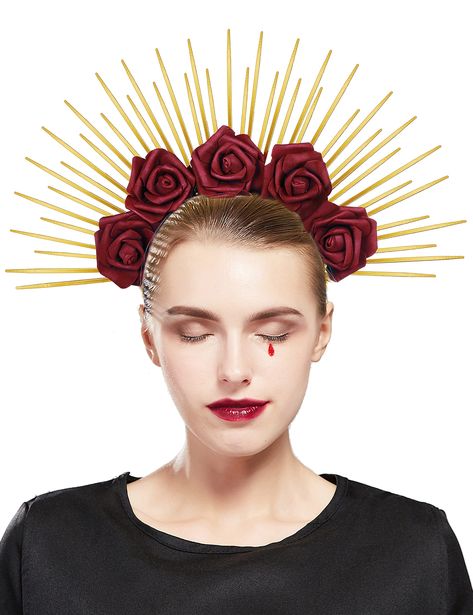 Sun Headpiece, Traditional Glam, Flower Goddess, Halloween Accessories Hair, Red Clothing, Mexican Flowers, Rose Crown, Halo Crown, Halo Headband