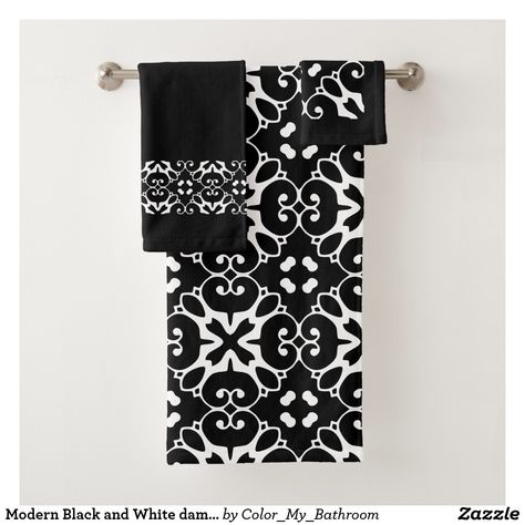 Modern Black and White damask bathroom Bath Towel Set White Bathroom Towels, Damask Bathroom, Modern Bath Towels, Teal Towels, Black And White Bathroom, Black White Bathrooms, White Bathroom Accessories, White Bath Towels, Bathroom Accents