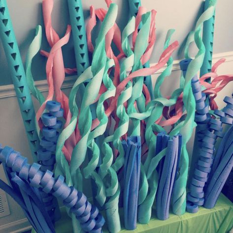 Coral Reef Craft, The Little Mermaid Musical, Pool Noodle Crafts, Under The Sea Decorations, Ocean Theme Classroom, Ocean Birthday Party, Ocean Birthday, Coral Decor, Inexpensive Crafts