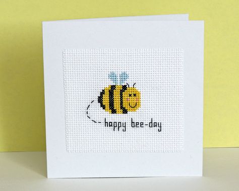 Bee Birthday Cards, Bee Day, Tiny Cross Stitch, Small Cross Stitch, Bee Birthday, Bee Cards, Diy Cross, Card Pattern, Mini Cross Stitch