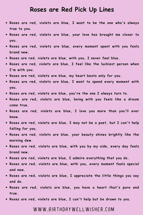 Roses are red, violets are blue, these pick up lines are for you (and maybe a laugh or two) 😉🌹 Pick Up Lines For Flirting, Flirting Lines For Best Friend, Roses Are Red Violets Are Blue Flirty, Flirty Rizz Pick Up Lines, Rose Are Red Violets Are Blue Love, Flirty Lines For Best Friend, Roses Are Red Violets Are Blue Cute, Flower Pick Up Lines, Pick Up Line To Make Him Blush