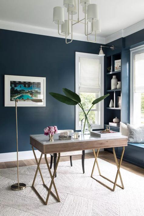 10 Beautiful Home Office Paint Color Ideas for Better Productivity Home Office Paint Ideas, Home Office Paint, Navy Paint Colors, Office Wall Colors, Navy Blue Paint, Office Paint Colors, Office Paint, Home Office Colors, Blue Office