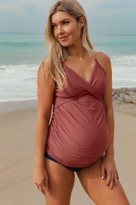 A solid hued maternity tankini top featuring a triangle faux wrap bust, ruched sides, and adjustable/convertible straps that cross in the back. All swimwear sold as separates. The Mauve Wrap Front Maternity Tankini Top is perfectly bump-friendly! Maternity Bathing Suit, Maternity Tankini, Pretty Pregnant, Casual Maternity, Bump Style, Trendy Maternity, Maternity Gowns, Maternity Swimwear, Pink Blush Maternity