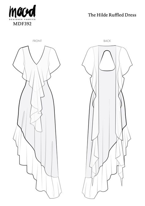 The Hilde Ruffled Dress Free Sewing Pattern Angel Sleeves Pattern, Fairy Sewing Patterns Free, Fashion Flats Dress, Easy Flowy Dress Pattern, Whimsical Sewing Patterns, Long Dress Sewing Pattern Free, Medieval Dress Pattern Free, Mood Sewing Patterns Free, Bohemian Sewing Patterns