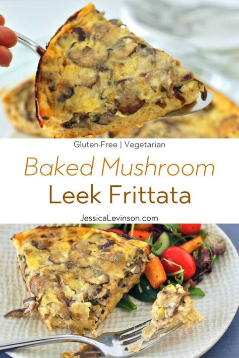 Meaty mushrooms and sweet leeks are a classic combination that pair beautifully in this easy and nutritious frittata that’s perfect for a weeknight dinner or your next weekend brunch. Get the gluten-free and vegetarian recipe via JessicaLevinson.com #GlutenFreeFrittata #VegetarianFrittataRecipe Leek Frittata Recipes, Mushroom Frittata Recipes, Vegetarian Frittata Recipes, Spinach Mushroom Frittata Recipes, Meaty Mushrooms, Bacon Mushroom Spinach Frittata, Leek Frittata, Mushroom Leek, Mushroom Frittata