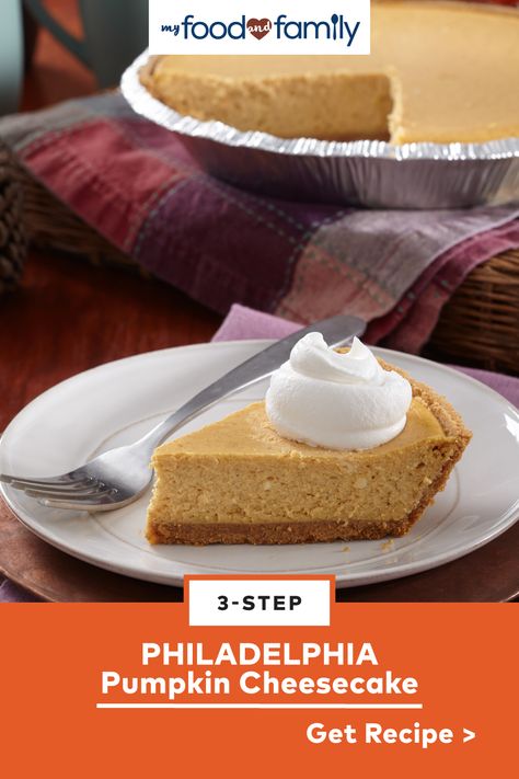 Mix, pour, and bake—that's all you have to do for this tasty PHILADELPHIA 3-STEP Pumpkin Cheesecake! This delicious dessert is great for the holidays and is easy to make with PHILADELPHIA Cream Cheese, canned pumpkin, cinnamon, nutmeg, graham cracker crumb crust, and COOL WHIP. Cheesecake Philadelphia, Cheesecake Pumpkin, Philadelphia Cheesecake, No Bake Pumpkin, Bake Pumpkin, No Bake Pumpkin Cheesecake, Pumpkin Cheesecake Recipes, Easy Cheesecake Recipes, Pumpkin Dessert