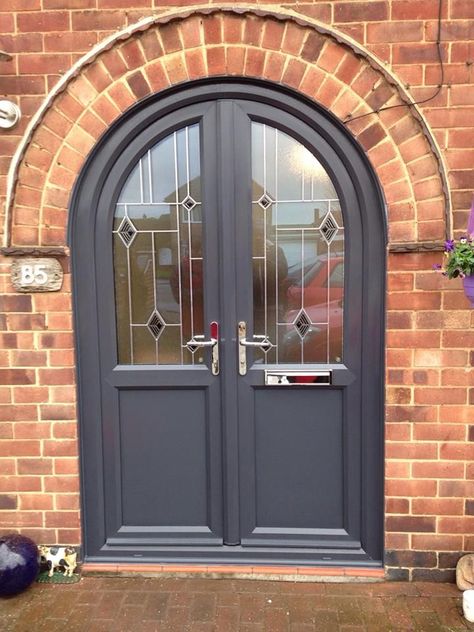 1930 Porch, Arch Front Door, Storm Porch, Arched Porch, Arched Exterior Doors, Doors Colors, Door Canopies, Glass Entrance, Glass Entrance Doors