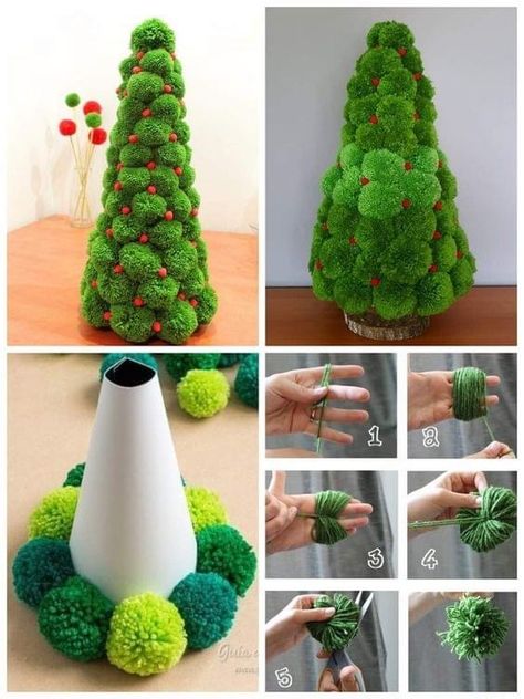 Christmas Pompoms Decorations, Diy Pom Pom Christmas Decorations, Pom Pom Crafts Christmas, Pompom Christmas Wreath, Diy Christmas Pom Pom, Pompom Christmas Tree, Pompom Tree, Christmas Pompom, Pom Pom Christmas Tree