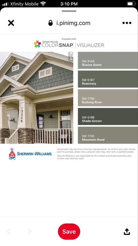 Siding color: SW Illusive Green; Trim: SW Shoji White or SW Natural Tan Green And Tan Exterior House Colors, Light Green House Exterior Dark Trim, Tan Trim Exterior House, Khaki Exterior House Colors, Moss Green Exterior House Colors, Tan Siding House, Green Shutters Tan House, Cream Siding Color Schemes, Green Siding House Exterior Colors