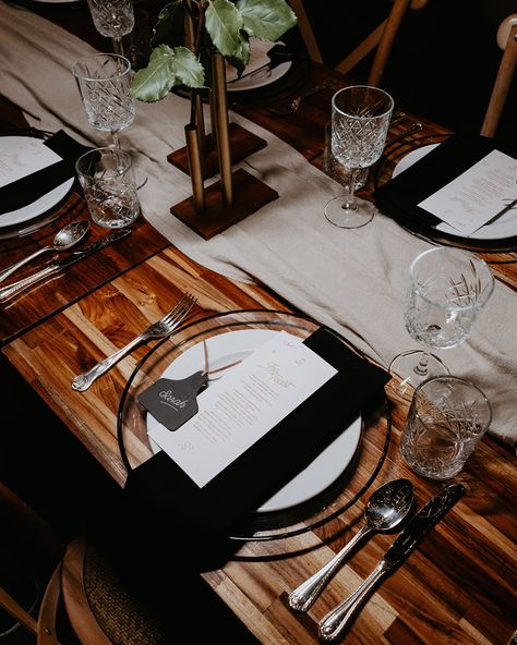 Cowboy Black Tie / A perfect blend of rugged cowboy culture with refined black-tie touches creates an effortlessly chic atmosphere that’s both relaxed and upscale. [Image: Timber tables set with black rimmed charger plates, crystal glassware, black acrylic bell tags, and toffee hued roses.] Big thanks to the team: Venue: @theacreweddings Photographer: @lauren_joy_photography Furniture Hire: @hamptoneventhire Dresses: @twoheartsbridalstudio Hair & MUA: @blakedesigns Styling hire: @magnoli... Cowboy Black Tie Wedding, Rugged Cowboy, Cowboy Culture, Timber Table, Tables Set, Joy Photography, Crystal Glassware, Black Rims, Black Tie Wedding