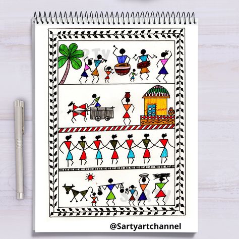 Hello, guys!! Post #6 in the Warli art series!! Kindly give your valued feedback, comments, and suggestions. Hope you will love this series. To learn the process of making this beautiful art join our art classes. For Enquiry Whatsapp chat link https://wa.link/bt6e2z #warlipainting #warliart #warli #art #warliartwork #artwork #drawing #artist #artistsoninstagram #paintings #tribalart #madhubanipainting #india #indianart #folkart Indian Traditional Values Drawing, Warli Art Border Design, Warli Art For Kids, Warli Drawing, Warli Designs, Punjabi Embroidery, Mexican Folk Art Decor, Worli Painting, Warli Painting