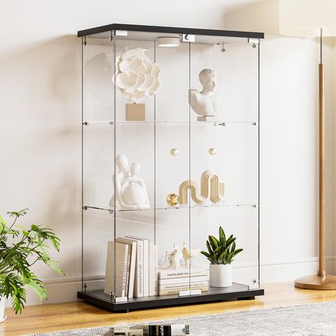 PRICES MAY VARY. Extra large storage space: Our glass display case features three shelves and measures 50 inches (H) x 32 inches (L) x 15 inches (W), providing spacious storage space. It displays your collection in an organized manner with easy access. LED lights with remote control: Our glass display case features a frameless design and high-definition glass to ensure that the items displayed inside are clear and unobstructed. Equipped with a remote control and ceiling lights that display 12 vi Swarovski Display Ideas, Bookcase For Bedroom, Clear Cabinet, Glass Bookshelves, Glass Bookcase, Glass Display Cabinet, Living Room Black, Glass Display Case, Glass Cabinets Display