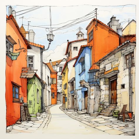 1000+ Best Sketch Captions for Instagram in 2024 - NFT Art with Lauren McDonagh-Pereira Photography Watercolour Street Scenes, Architecture Ink Drawing, Street Art Sketch, Urban Sketch Reference, Sketch Captions, Ink And Watercolor Art Ideas, Drawing Of Street, Urban Sketching Beginner, Urban Sketching Watercolors