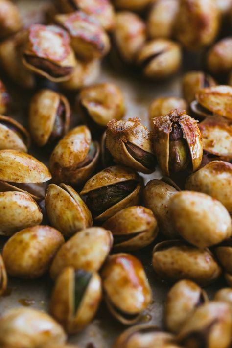 Berbere Roasted Pistachios | Naturally. Roasted Pistachios, Berbere Spice, Rice Syrup, Eat Seasonal, Natural Health Tips, Rich In Protein, Watching Movies, Organic Health, Party Snacks