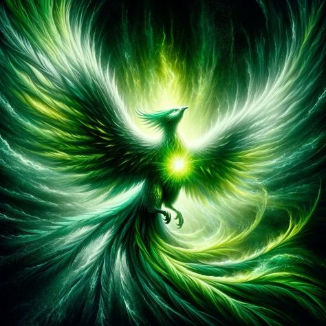 Green Mythical Creatures, Green Wings Aesthetic, Green Energy Poster, Energy Poster, Green Chakra, Phoenix Artwork, Magical Animals, Phoenix Images, Bird People