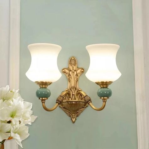 Type: Wall Sconce Item Weight: 4.3 pounds / 6.5 pounds Color: Brass Materials: Metal + Glass + Ceramic Voltage: AC110 - 120V Number of Lights: E26 * 1 Lighting Source Type: Incandescent(Bulb Not Included) Max Wattage: 60W Height: 11.2" (28.5 cm) Width: 12.9" (33 cm) / 21.6" (55 cm) Cottage Light Fixtures, Cottage Homestead, Fantasy Library, Vintage Bathroom Lighting, Vintage Wall Lamps, Interior Wall Sconces, Wall Sconces Living Room, Light For Kitchen, Cottage Lighting