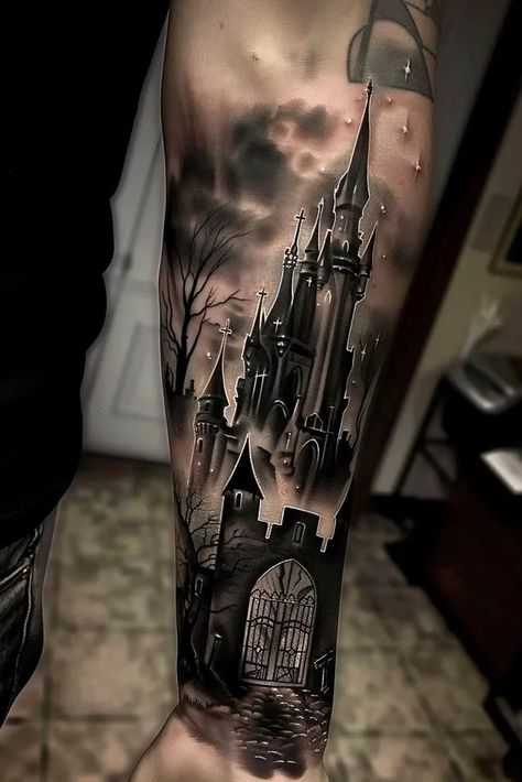 Tattoo idea: tattoo sketch The silhouette of a castle rises against Edward Scissorhands Castle Tattoo, Gothic Black And Grey Tattoos, Maleficent Castle Tattoo, Castle Sleeve Tattoo, Gothic Forearm Tattoos Men, Haunted Castle Tattoo, Dracula Castle Tattoo, Gothic Building Tattoo, Dark Castle Tattoo