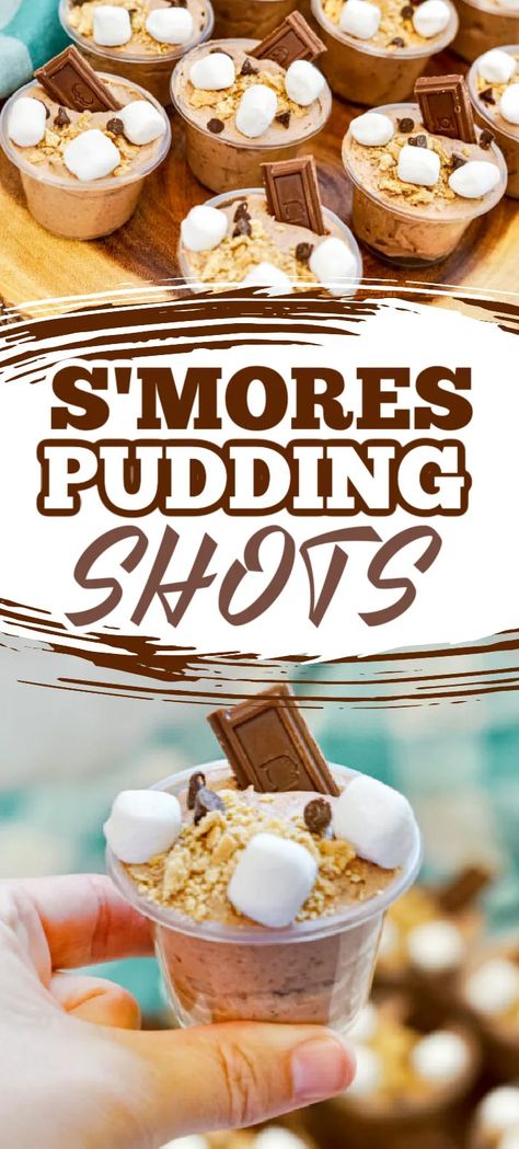 S'mores Pudding Shots Smore Shots Recipe, S’more Pudding Shots, Smore Pudding Shots, Smores Jello Shots, S’mores Shots, S’mores Pudding Shots, Camping Jello Shots, Campfire Alcohol Drinks, Camper Crawl Drinks