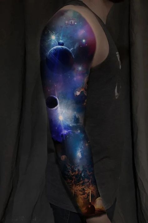 I offer you professional work and get the perfect tattoo sleeve from me. And your idea becomes a reality. ️ Tattoo style doesn't matter! It can be cover-ups or touch-ups (please, send me photos and we will discuss this option) I make photoshop projects and hand-drawn pictures. It depends on your tattoo idea. Dark World Tattoo, Galaxy Tattoos Men, Space Tattoo Sleeve Men, Reality Tattoo, Space Tattoo Designs, Galaxy Tattoo Sleeve, Outer Space Tattoos, Space Tattoo Sleeve, Astronomy Tattoo