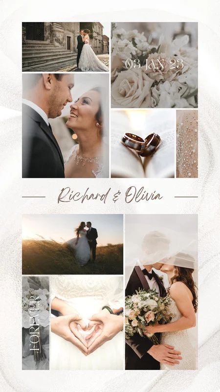 Free Canva Template - Aesthetic Wedding Photo Collage Instagram Story Design Free Download Engagement Photos Collage, Pre Wedding Story Ideas, Wedding Anniversary Insta Story Ideas, Wedding Story Ideas Instagram, Wedding Photo Collage Ideas, Instagram Wedding Story Ideas, Wedding Collage Ideas, Engagement Story Ideas, Engagement Story Instagram