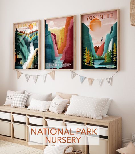 National Park Poster, Set of 3 Prints, Statement Wall Art, Travel Posters, Yosemite - Grand Canyon - Yellowstone Plus many more! Adventure Playroom Ideas, Gender Neutral National Park Nursery, National Park Bedroom Decor, National Parks Themed Room, National Park Themed Room, National Park Bedroom, National Parks Nursery, National Park Themed Nursery, Montessori Space