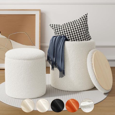 PRICES MAY VARY. 【Versatile Design】This 2 pcs boucle ottoman features a large one L14.2"*W14.2"*H16.5" and a small one L11.8"*W11.8*H13.4". The small ottoman fits neatly inside the large one, providing an efficient space-saving solution. 【Multifunctional Use】These pouf ottomans are also prefect to be a vanity stool; it also can be a footrest stool, entryway stool, or even a piano stool. Additionally, the reversible lid can be transformed into a coffee table, with a waterproof wooden panel for ea Blanket Basket For Living Room Modern, Blanket Ottoman, Poofs Ottoman, Stool Entryway, Entryway Stool, Makeup Vanity Stool, Boucle Ottoman, Ottoman White, White Makeup Vanity