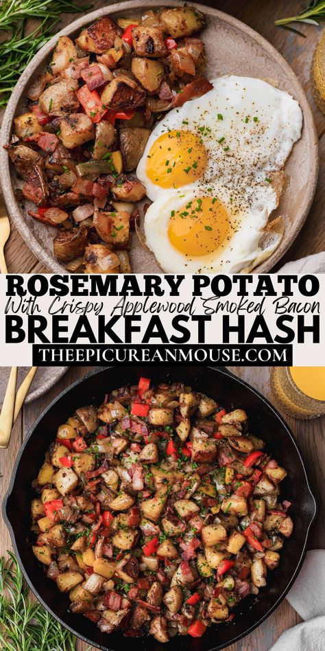 Gold potatoes, bacon, sautéed onions, bell peppers, rosemary and chives. Breakfast Potato, Homemade Breakfast Recipes, Savory Bacon, Golden Potatoes, Sautéed Onions, Rosemary Potatoes, Red Bell Peppers, Breakfast Hash, Potato Hash