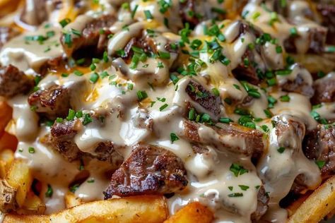 Philly Steak Cheese Fries Philly Cheese Steak Fries Recipe, Ground Beef Seasoning, Chicken Philly, Fried Steak Recipes, Philly Steak, Frozen French Fries, Burger Seasoning, Tender Steak, Philly Cheese