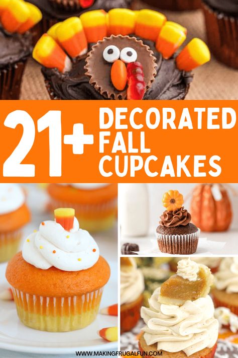 If you need some fall cupcake decorating ideas, these are some of the cutest! Make cupcakes into turkeys, apples. pumpkins and more! Fall Cupcake Decorating Ideas | Fall Cupcake Ideas | Fall Cupcakes | Cupcakes for Fall | Fall Dessert Ideas | Making Frugal Fun Thanksgiving Day Cupcakes, Thanksgiving Desserts Cute Cupcakes, Bird Cupcakes Ideas, Thanks Giving Cupcake, Fun Fall Cupcakes, Cupcake Fall Decoration, Fun Thanksgiving Cupcakes, Easy Turkey Cupcakes, Thanks Giving Cupcakes Decoration