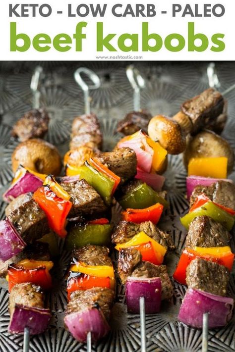 Low Carb Keto Beef Kabobs, only 3g net carbs per kabob! Healthy, Easy, and delicious, this recipe for low carb beef kebabs is also Paleo and Whole30 too. | www.noshtastic.com | #keto #lowcarb #ketodiet #ketogenic #ketorecipes #ketogenicdiet #noshtastic #keto #paleo #paleodiet #whole30 #w30 #glutenfree #kebab #kabob #beef #beefkebab #beefkabob Baby Bella Mushrooms, Beef Kebabs, Keto Beef, Low Fat Low Carb, Beef Kabobs, Low Carb Low Fat Recipes, Paleo Beef, Best Low Carb Recipes, Low Carb Tortillas