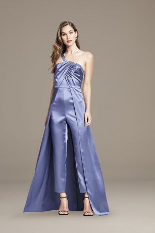 Jumpsuit With Skirt Overlay Prom, Jumpsuit With Skirt Overlay, Jumpsuit With Skirt, Simple White Dress, Drape Gowns, Crepe Jumpsuit, Satin Jumpsuit, Bridal Jumpsuit, Overlay Skirt