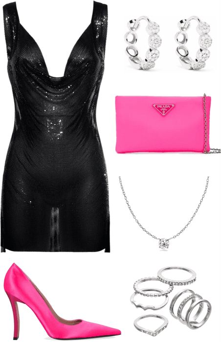 Pink Clutch Outfit, Hot Pink And Black Outfit, Clutch Outfit, Hot Pink Outfit, Prom 2024, Birthday Fits, Pink Clutch, Silver Ring Set, Pink Parties