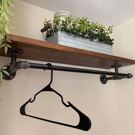 Closet Shelving With Industrial Pipe Hanger Rack Laundry Room - Etsy New Zealand Laundry Room Organization Shelves, Pipe Closet, Industrial Pipe Shelf, Pipe Hanger, Pipe Clothes Rack, Diy Clothes Hangers, Laundry Shelves, Closet Shelving, Laundry Hanger