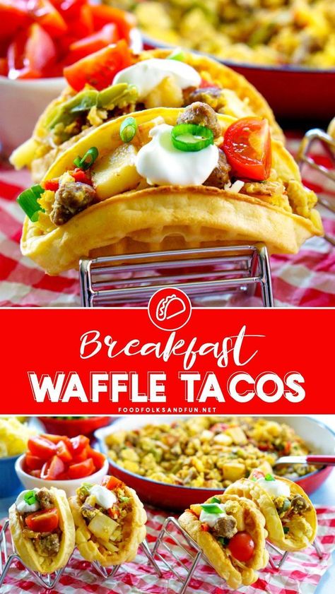 Brinner Ideas, Waffle Tacos, Green Peppers And Onions, Tacos Breakfast, Red And Green Peppers, Waffle Taco, Waffle Sandwiches, Breakfast Hotel, Cook Breakfast