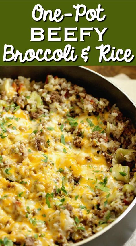 One-Pot Beefy Broccoli Rice - A quick, easy, and hearty one-pot supper filled with ground beef, broccoli, rice and topped with cheese. Ground Beef And Broccoli, Beef Broccoli, Beef Casserole Recipes, Broccoli Rice, Beef And Rice, Ground Beef Recipes For Dinner, Broccoli Beef, Beef Recipes Easy, Easy Casserole Recipes