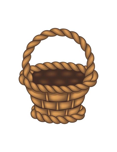 Empty brown wicker basket with handle in a simple cartoon style. Drawing illustration of straw basketry. Isolated vector object for decor. Illustration for children, children's design. Brown Objects, Basket Cartoon, Ad Drawing, Illustration For Children, Basket Drawing, Decor Illustration, Brown Baskets, Cartoon Style Drawing, Snoopy Funny