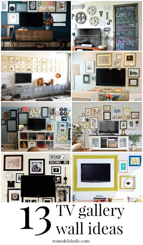 Decorate around the television with these ideas for TV gallery walls @Remodelaholic Full Wall Art Ideas, Pictures Around Tv, Tv Gallery Wall Ideas, How To Decorate Around A Tv, Decorate Tv Wall, Wall Behind Tv, Television Console, Tv Gallery Wall, Television Wall