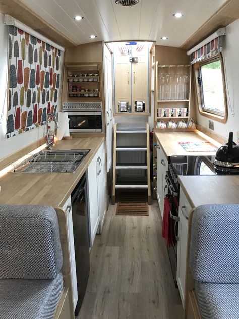 Narrowboat Kitchen, Boat Renovation, Canal Boat Interior, Barge Boat, Narrowboat Interiors, Boat Cabin, Boat Interior Design, Boat House Interior, Boat Galley