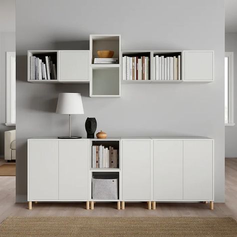 EKET Storage combination with legs, white/light gray, 825/8x133/4x825/8" - IKEA Eket Combination, Movable Shelves, Wall Mounted Shelving Unit, Besta Ikea, Ikea Eket, Movable Shelf, Ikea Furniture Hacks, Wall Mounted Cabinet, Ikea Storage